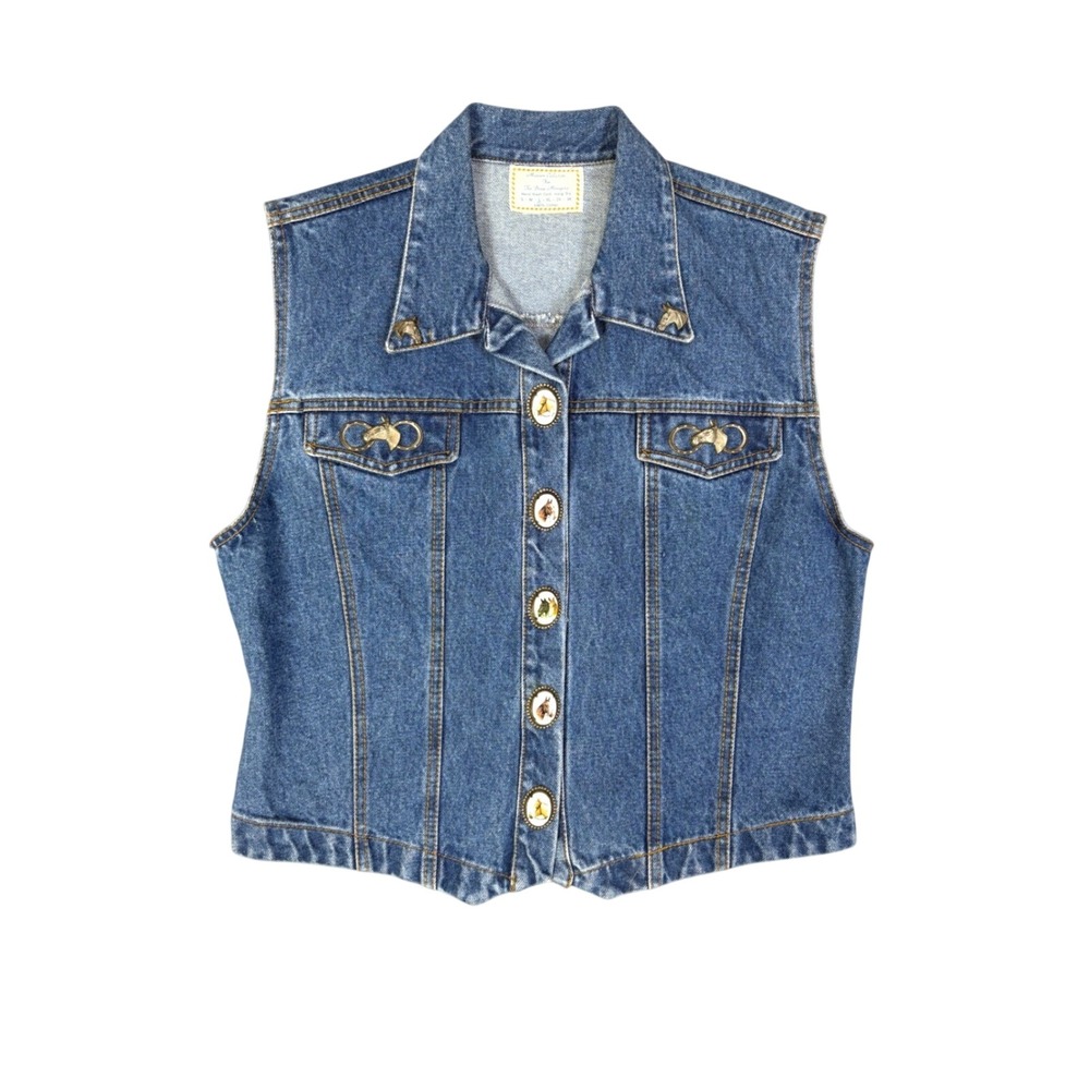 Y2K Vintage Equestrian Horse Denim Vest Jacket Size Large Western 100% Cotton